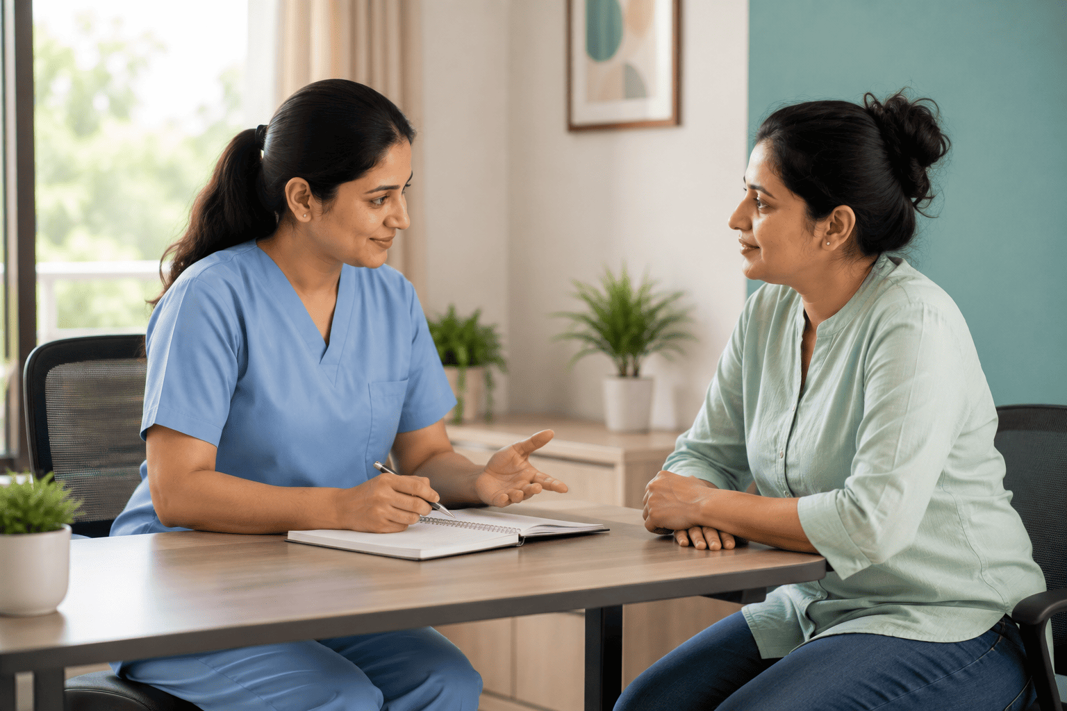 Physiotherapist discussing a treatment plan with a patient in a private consultation room