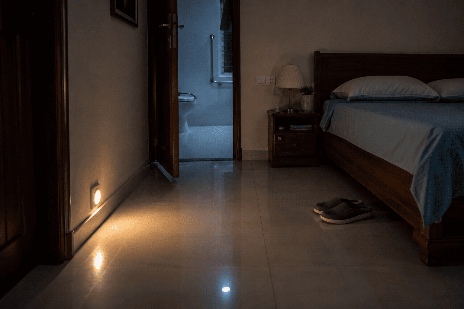 Clear well-lit walking route from bed to bathroom in an Indian home prepared for a recovering patient
