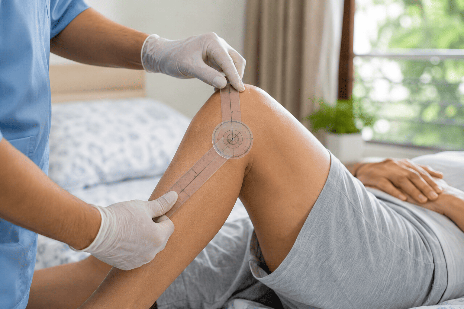 Physiotherapist measuring knee range of movement with a goniometer after knee replacement