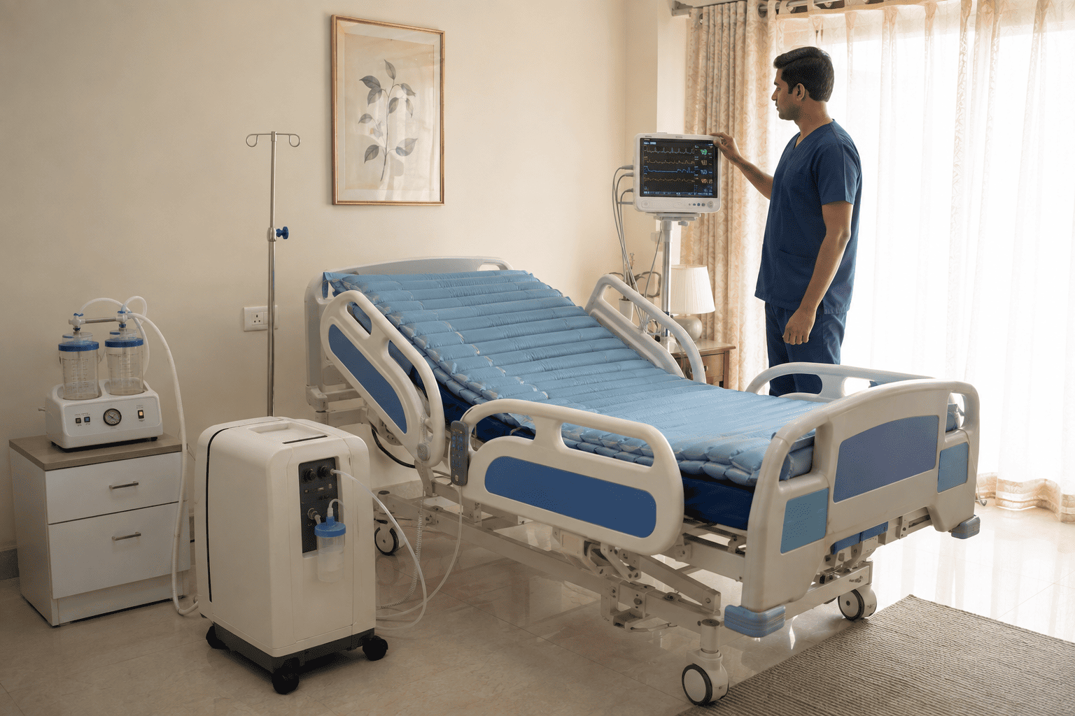 After ICU care at home setup with ventilator, cardiac monitor and hospital bed by Healthy Jeena Sikho