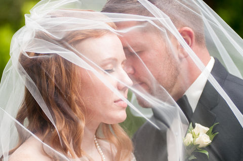 Bride and groom sharing an intimate moment under a veil