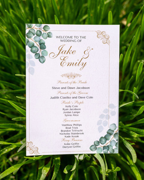 Wedding program for Jake & Emily, listing wedding party