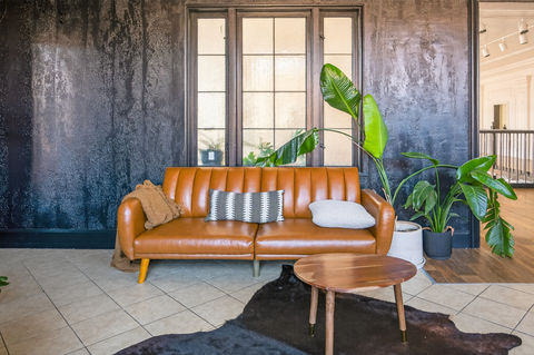 Lounge area with brown sofa and plants at The Branch Coffee Shop