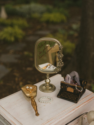 Wedding details from a backyard wedding reception with an audio guestbook