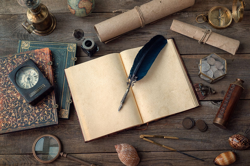 Globe, telescope, lamp, divider, old coins, shell, map, shell, book, compass, hourglass, q