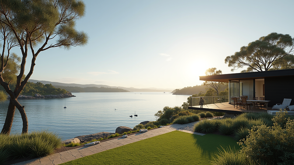 Wide angle view of a serene waterfront property in Morton Bay