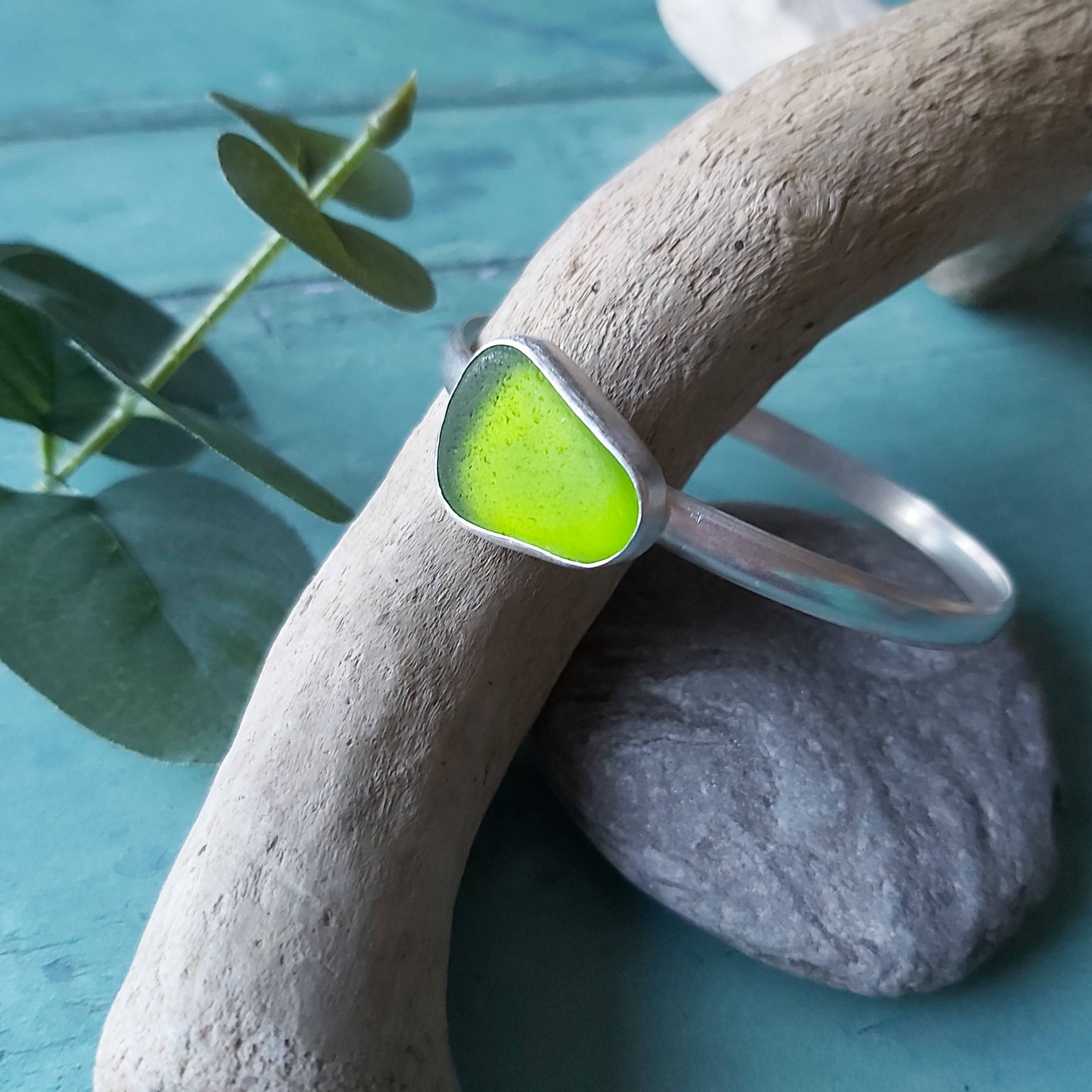 Vibrant lime green seaglass bangle hallmarked