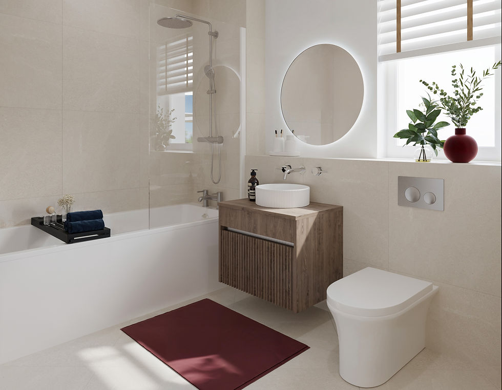Bright modern beige bathroom with round backlit mirror, wood vanity, bathtub, toilet, burgundy rug, and plants by the window.