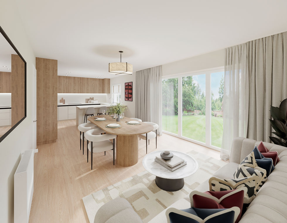 Bright open-plan living room and kitchen with wood dining table, beige sofa, and bi-fold doors overlooking a green garden.