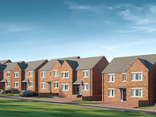 A row of 9 detached redbrick houses on a sunny street.