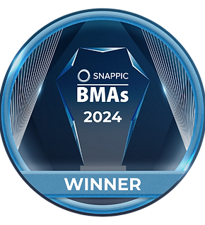 Indulge Images - Snappic BMAs 2024 Winner badge with a blue and silver trophy design and the text 'Snappic BMAs 2024 Winner.