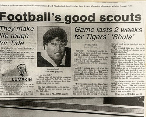 Original 1985 Birmingham Post-Herald article “Football’s Good Scouts” featuring me (Darryl) on the Alabama Crimson Tide scout team. This is the exact newspaper Mr. Jim Harrison passed out to everyone in the Harco Drugs boardroom in November 1985, right before the Iron Bowl. One of the proudest moments of my time at Harco — he wanted the entire organization to see that one of their own was out there grinding on the scout team.