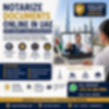 Online notarization ad featuring a video call with a man holding a document. Details about services, UAE cities, and contact info are shown.