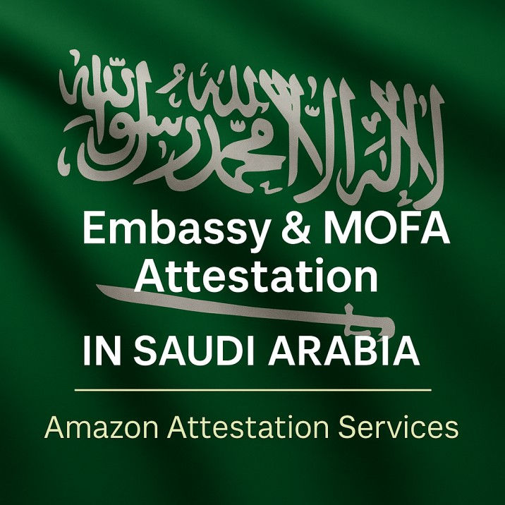 Green background with Arabic script and white text: Embassy & MOFA Attestation in Saudi Arabia. Amazon Attestation Services below.