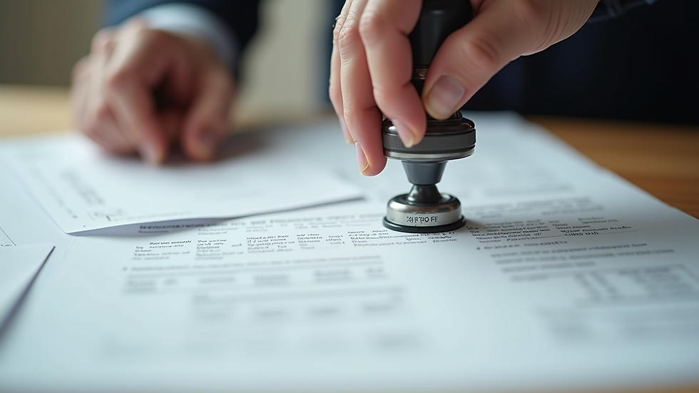 Close-up view of official documents being stamped