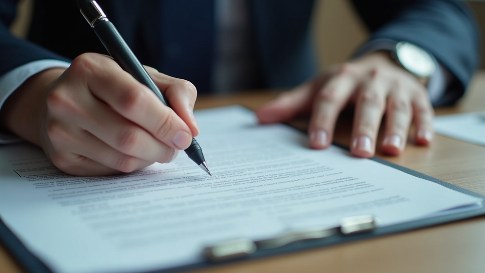 High angle view of a person reviewing attested documents on a table