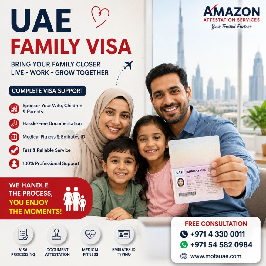 Smiling UAE family with children holds a residence visa card; ad for UAE Family Visa support with Dubai skyline.