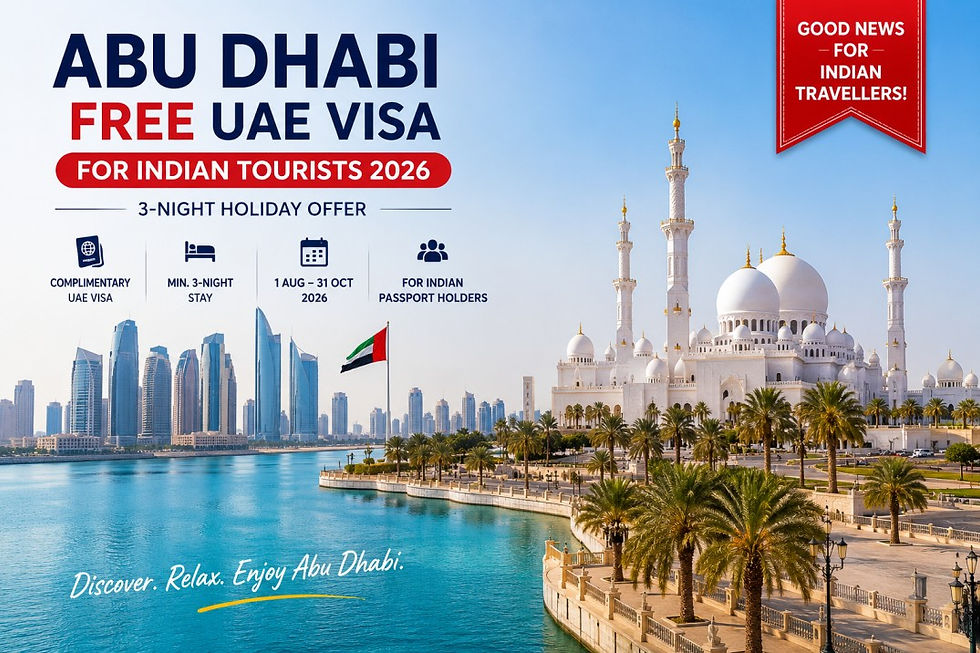 Abu Dhabi travel ad with skyline, mosque, and bay; text offers free UAE visa for Indian tourists in 2026.