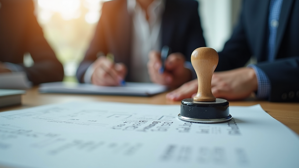 Eye-level view of official documents on a desk with a stamp