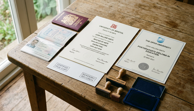 Close-up view of stamped certificates and a passport on a wooden table at home