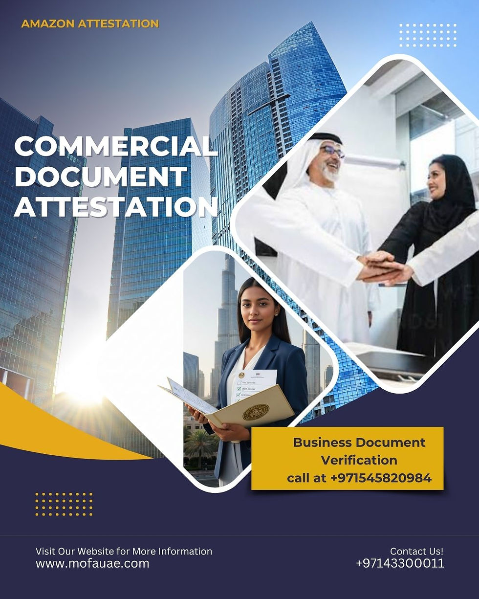 Man and woman shaking hands; woman holds documents. Background: blue skyscrapers. Text: Commercial Document Attestation, contact info. Mood: professional.