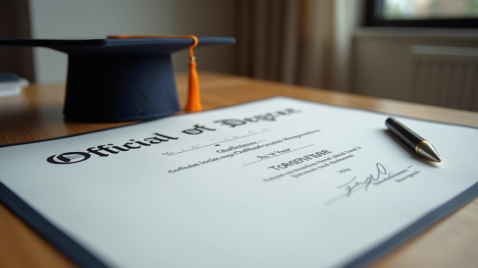 Eye-level view of official degree certificate on a desk