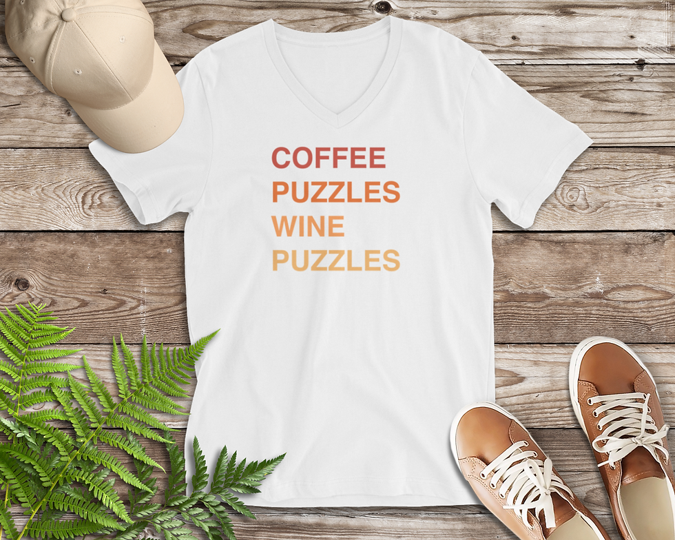 Thumbnail: coffee puzzles wine v-neck, short sleeve, jigsaw shirt, present, funny left aligned list, cute graphic tee, Puzzler Gift Idea