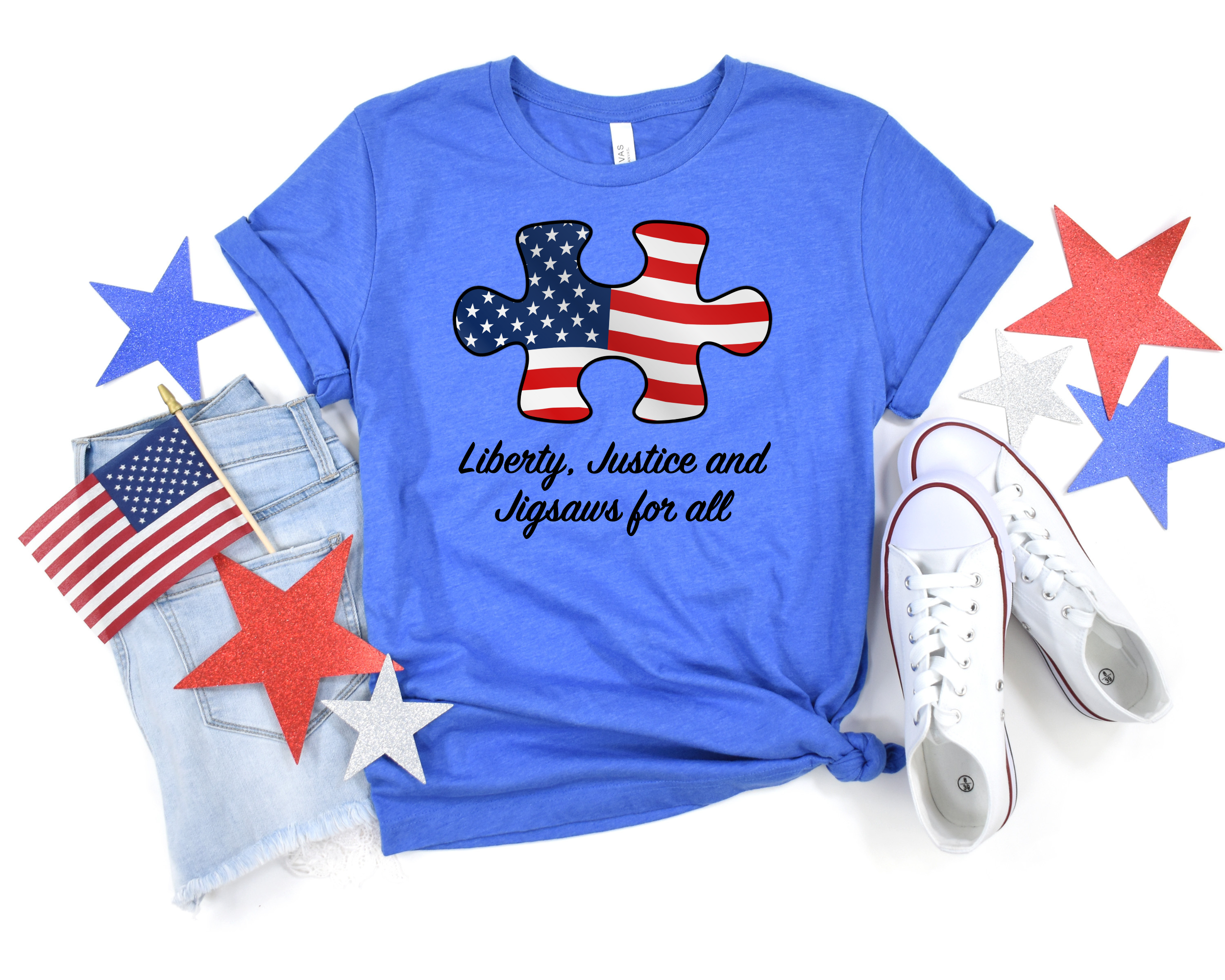 patriotic pride, proud american, summer outfit, 4th of july bbq, puzzle flag, red white and blue, jigsaw pattern, usa gym top