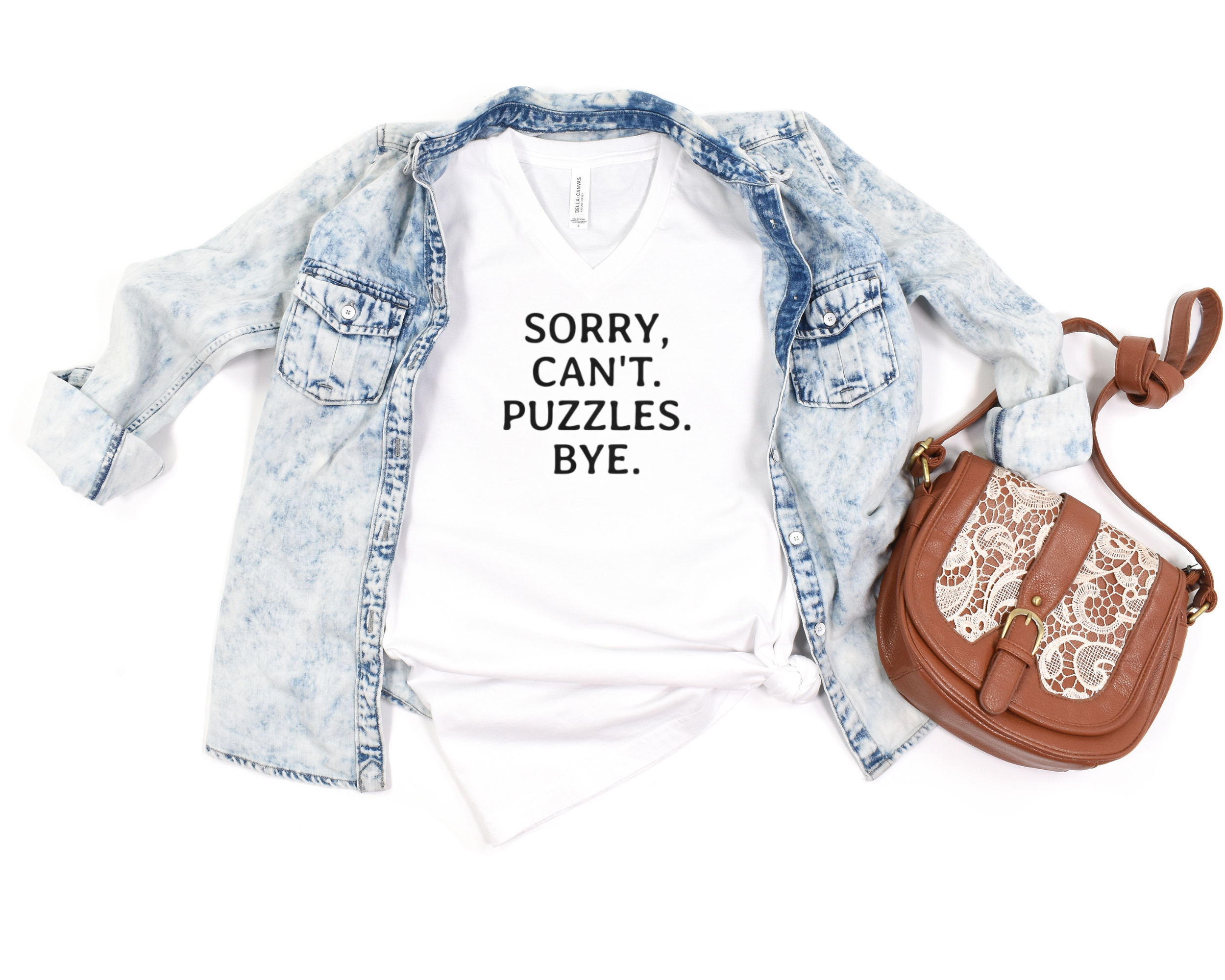 sorry can't puzzles bye women's top, short sleeve jigsaw shirt, funny left aligned list, cute v-neck, Puzzler Gift Ideas