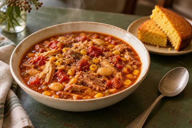 Illustration: North Carolina Brunswick stew. Fictional scene; not a photograph of this business or its actual menu.