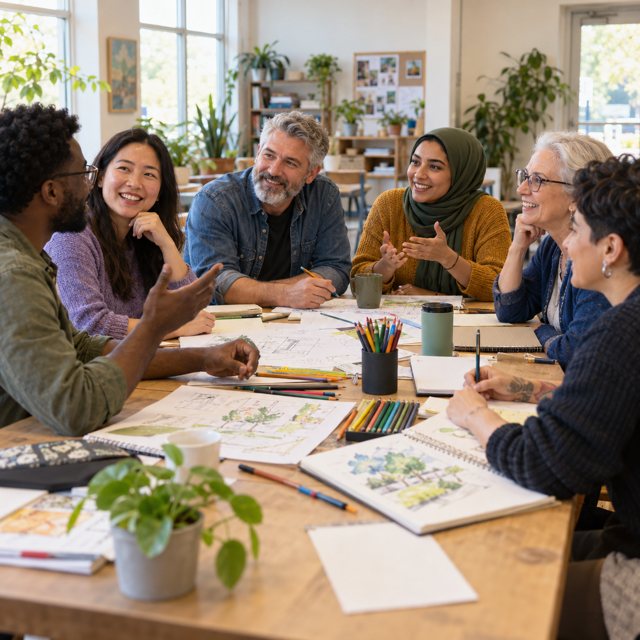 Illustration: Six adults sharing ideas around a community-center table with sketchbooks, colored pencils and plain planning sheets, natural friendly conversation, accessible bright multipurpose room, diverse ages and backgrounds. Fictional scene; not a photograph of this venue or event.