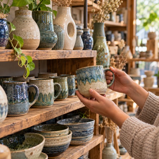 Illustration: A beautiful small pottery shop display with distinct handmade stoneware mugs, sculptural vases and bowls in earthy blue, green and cream glazes, a customer's hands examining one mug, textured wooden display shelves. Fictional scene; not a photograph of this venue or event.