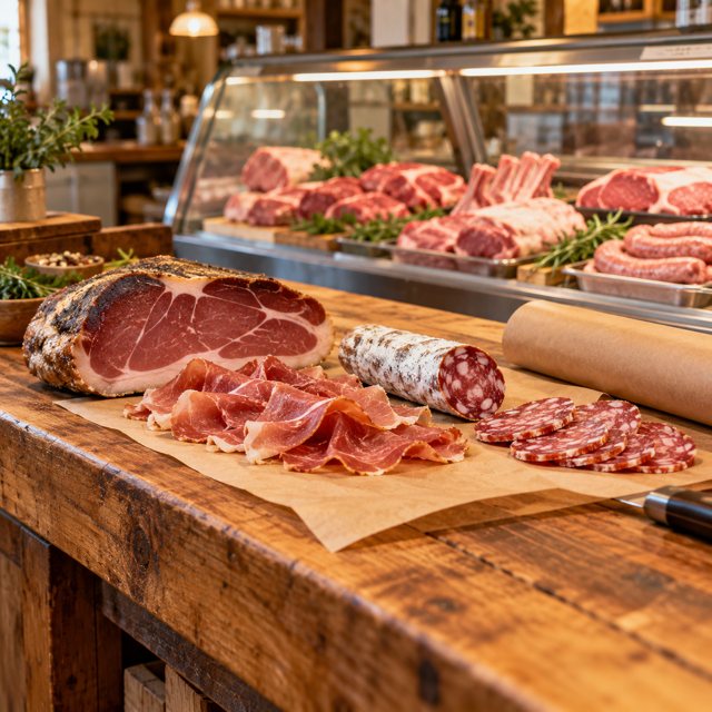 Illustration: A neighborhood butcher's clean wooden counter with sliced cured meats, a small salami, butcher paper and a display of fresh meat cuts softly behind glass, warm natural shop light, no brand labels.. Fictional scene; not a photograph of this business or its actual menu.
