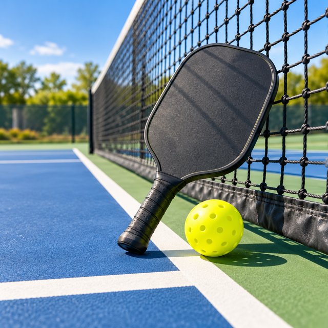 AI illustration: A pickleball paddle and bright perforated ball beside the net on a sunny blue-and-green outdoor pickleball court, realistic correct equipment, no other sports balls.; not this venue or its actual offering.