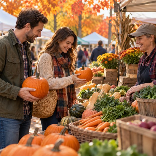 Illustration: A small autumn farmers market aisle with two shoppers selecting pumpkins and seasonal vegetables, a friendly vendor, orange maple leaves in the background, documentary photography.. Fictional scene; not a photograph of this business or its actual menu.