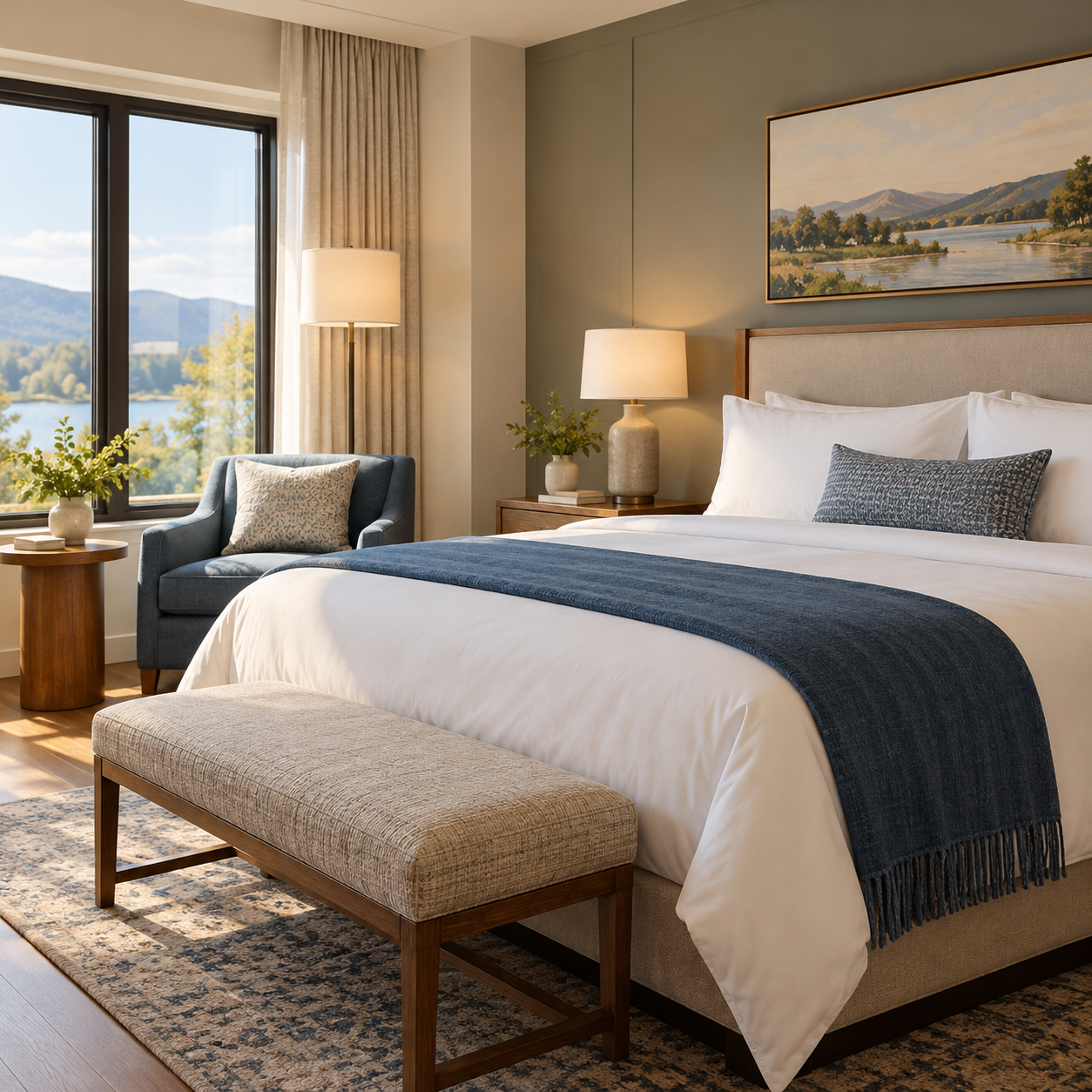 Illustration: A welcoming unbranded hotel guest room with neatly made white bed and a sunlit reading chair. Fictional scene; not a photograph of this named venue or organization.
