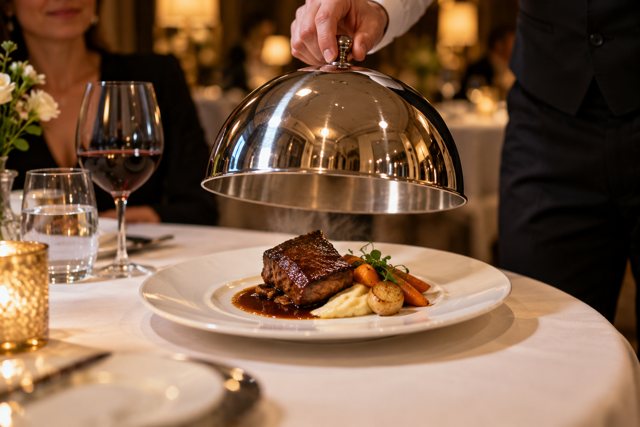 Illustration: Waiter lifting a cloche from braised short ribs. Fictional scene; not a photograph of this business or its actual menu.