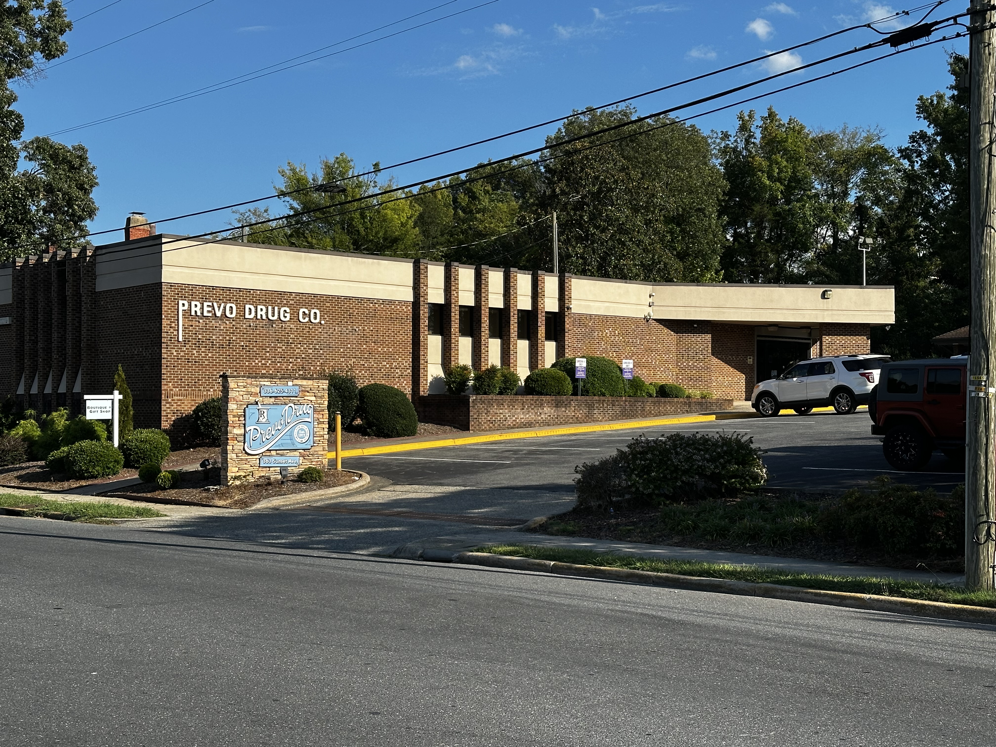 Prevo Drug building and roadside sign at 363 Sunset Avenue in Asheboro.