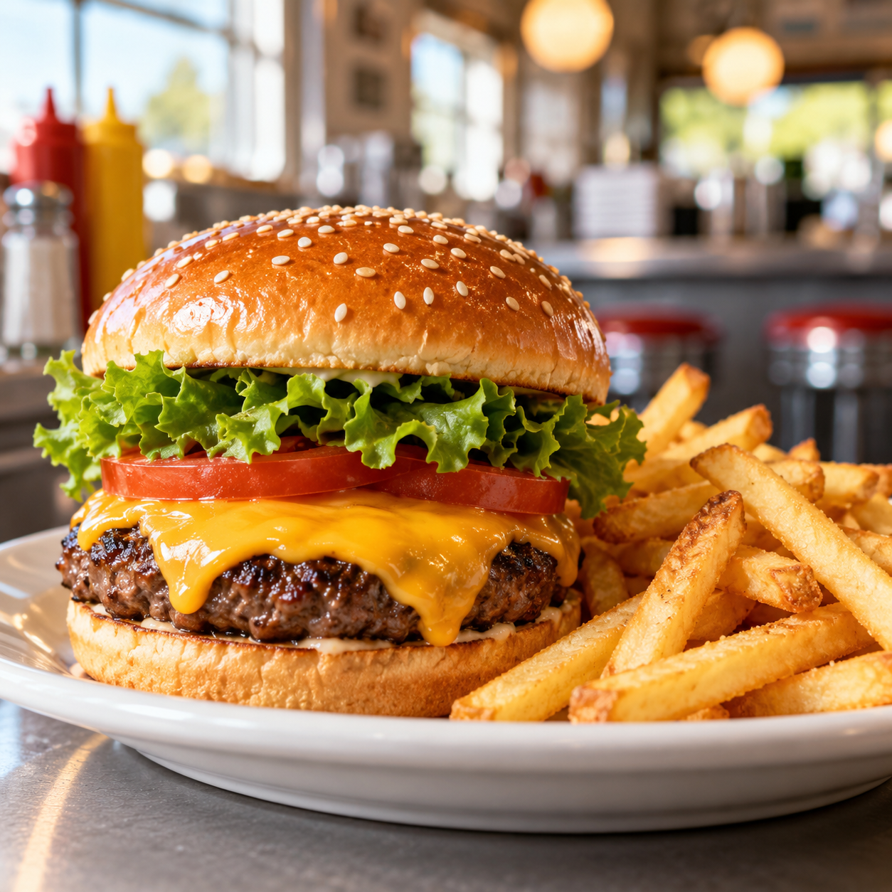 Illustration: A cheeseburger with crisp fries on a plain diner plate. Generic category artwork; not a photograph of this business, place or event.