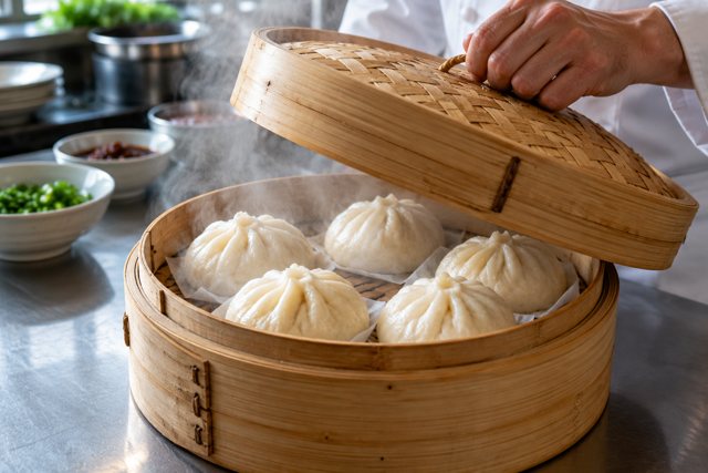 Illustration: Chef opening a bamboo steamer of bao. Fictional scene; not a photograph of this business or its actual menu.