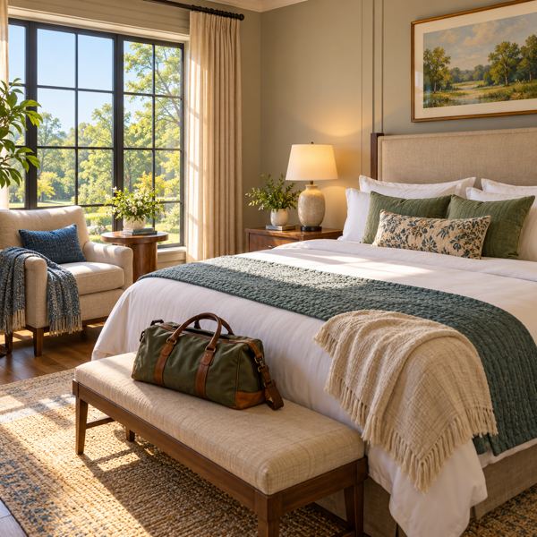 Illustration: a welcoming fictional unbranded hotel guest room with a neatly made bed, an armchair, bedside lamp and travel bag. Generic artwork; not photography of the listed business, venue, product or event.