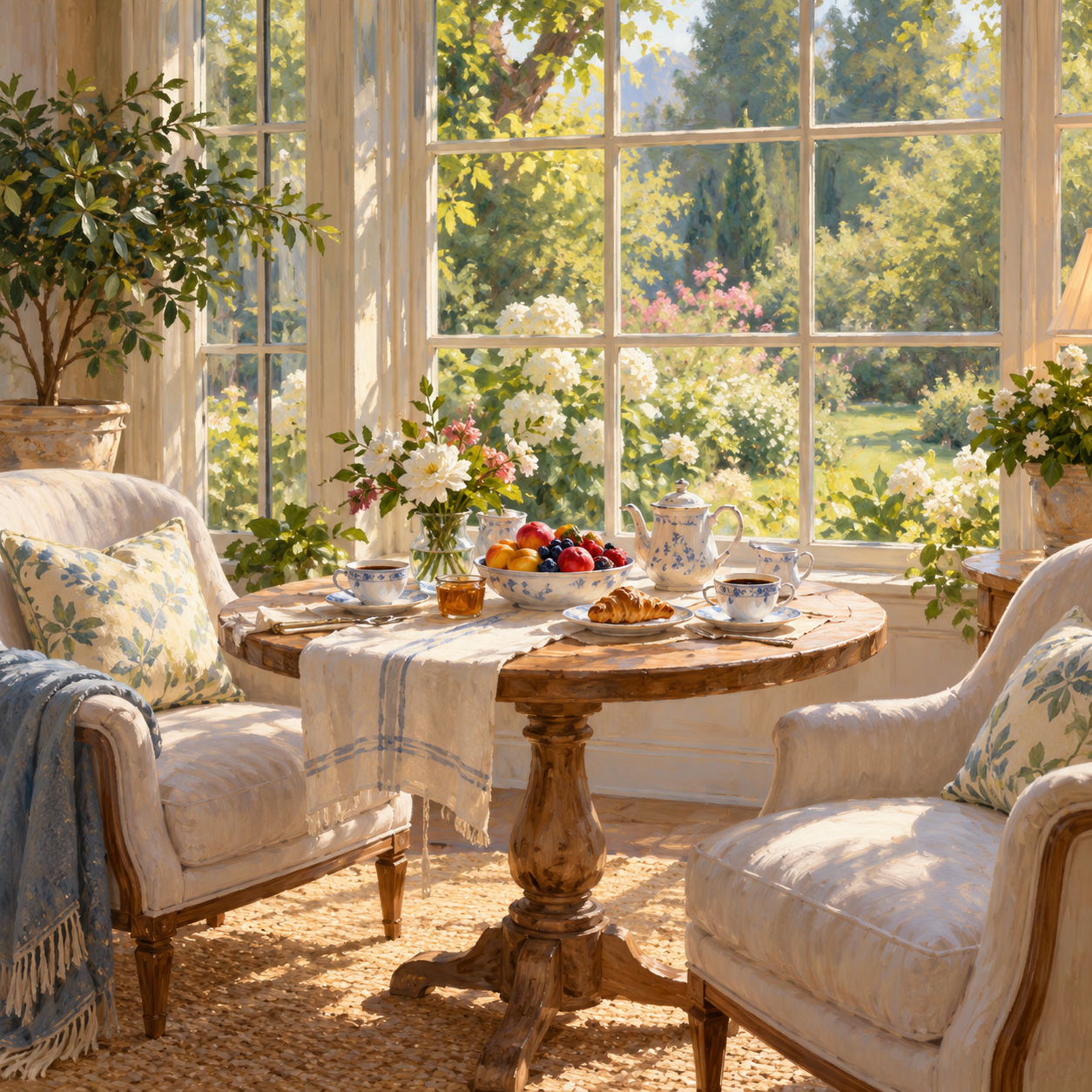 Illustration: A peaceful inn breakfast table by a garden window. Fictional scene; not a photograph of this named venue or organization.