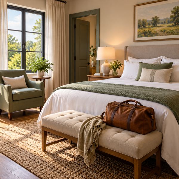 Illustration: a welcoming fictional unbranded hotel guest room with a neatly made bed, an armchair, bedside lamp and travel bag. Generic artwork; not photography of the listed business, venue, product or event.