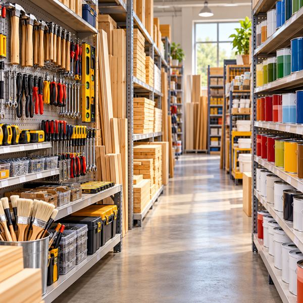 Illustration: a tidy unbranded home-improvement store aisle with neatly arranged hand tools, lumber and paint cans. Generic artwork; not photography of the listed business, venue, product or event.