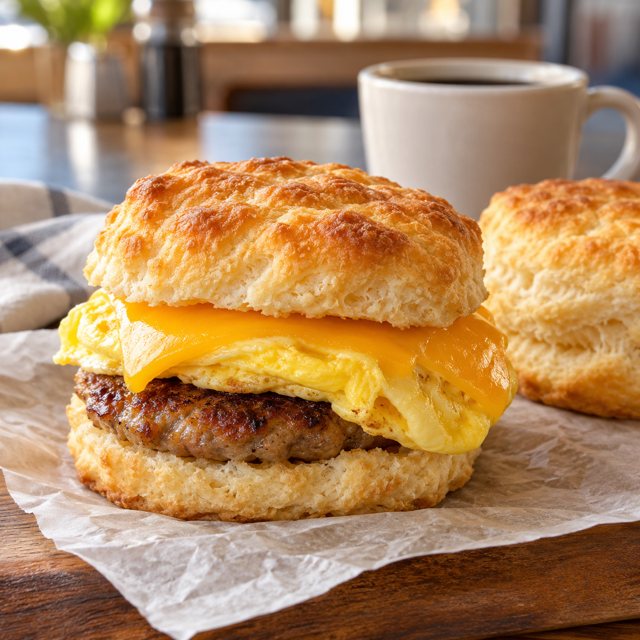 Illustration: A freshly baked golden Southern breakfast biscuit split around a sausage patty, folded egg and a slice of cheese, another plain biscuit on parchment, a small unbranded coffee cup in the background at a casual breakfast counter.. Fictional scene; not a photograph of this business or its actual menu.
