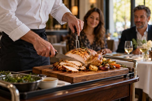Illustration: Waitstaff carving roast chicken tableside. Fictional scene; not a photograph of this business or its actual menu.