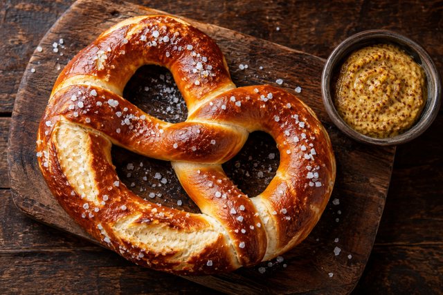 Illustration: Soft Pretzel And Mustard. Fictional scene; not a photograph of this business or its actual menu.