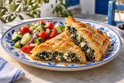 Illustration: Spanakopita. Fictional scene; not a photograph of this business or its actual menu.
