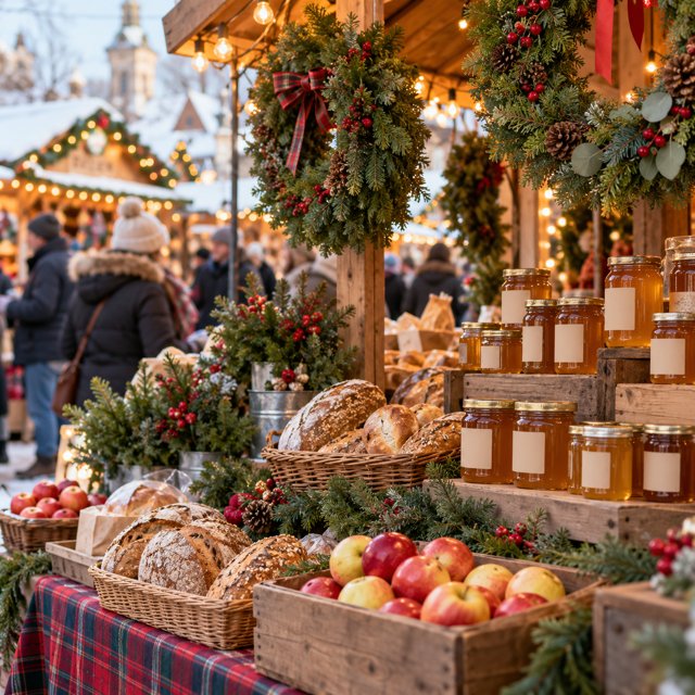 AI illustration: A cozy outdoor holiday farmers market stall with evergreen wreaths, local honey jars with blank labels, apples and baked bread, warm string lights and bundled shoppers out of focus. Daylight December scene. Illustrative scene, not a photograph of this event or venue.