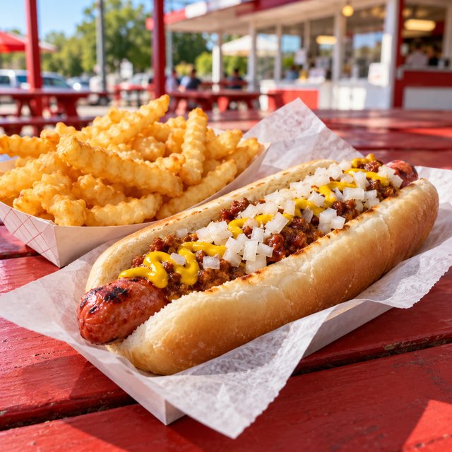 Illustration: Hot dogs & casual dining. Fictional scene; not a photograph of this business or event.